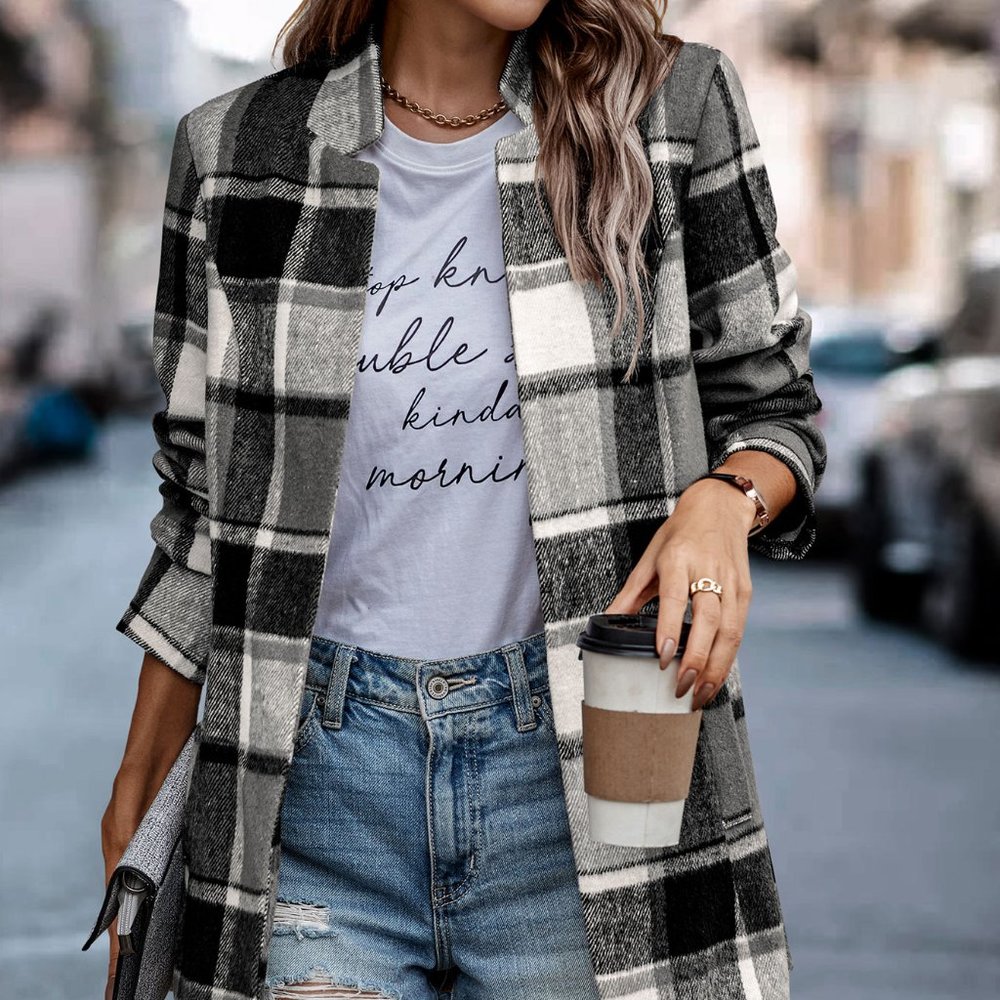 New Plaid Pattern Lapel Neck Overcoat Grey